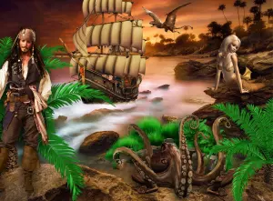 רגל מעץ, דגל שחור עם גולגולת ורום