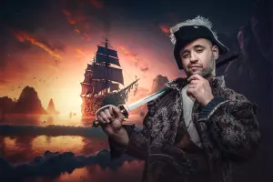 רגל מעץ, דגל שחור עם גולגולת ורום